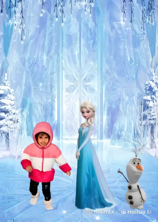 Girl Hugs Olaf in Magical Ice Palace with Elsa's Smile – AI Generated Video | Hailuo AI