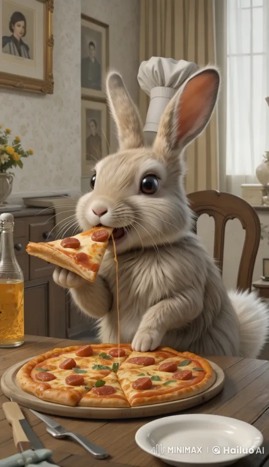 Fluffy Rabbit Enjoys Pizza at Cozy Dining Table – AI Generated Video | Hailuo AI