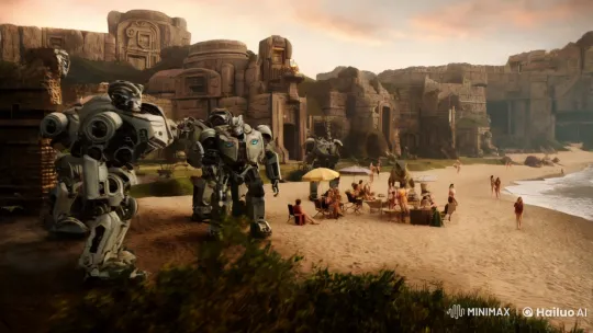 Primitive Beach in Futuristic Stone City with Glamorous Women – AI Generated Video | Hailuo AI