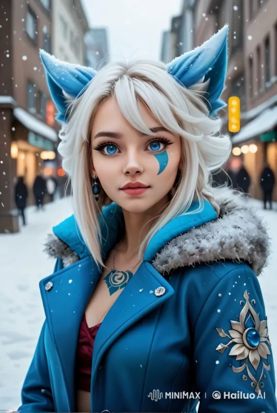 Blue-Eared Cat Girl in Snowy Urban Street – AI Generated Video | Hailuo AI