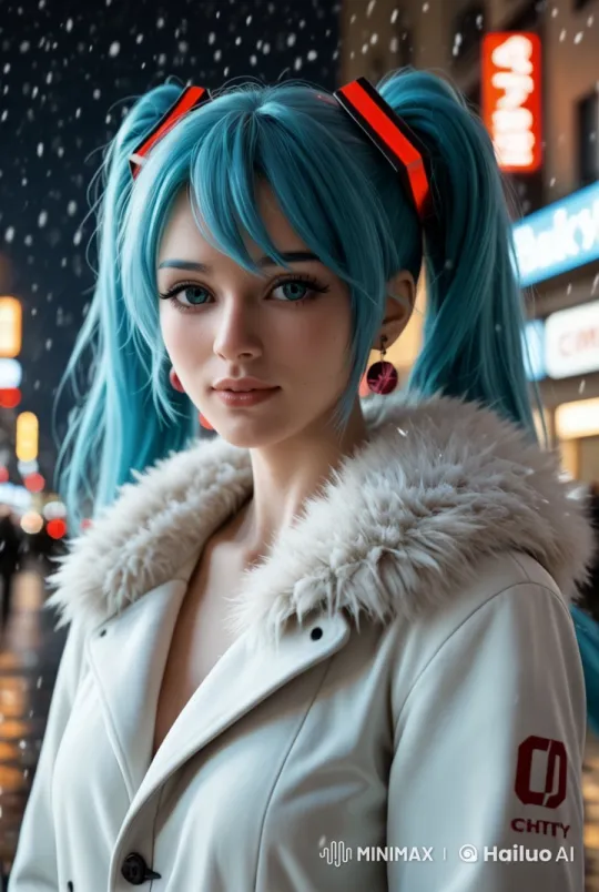 Blue-haired girl in serene urban snowscape – AI Generated Video | Hailuo AI