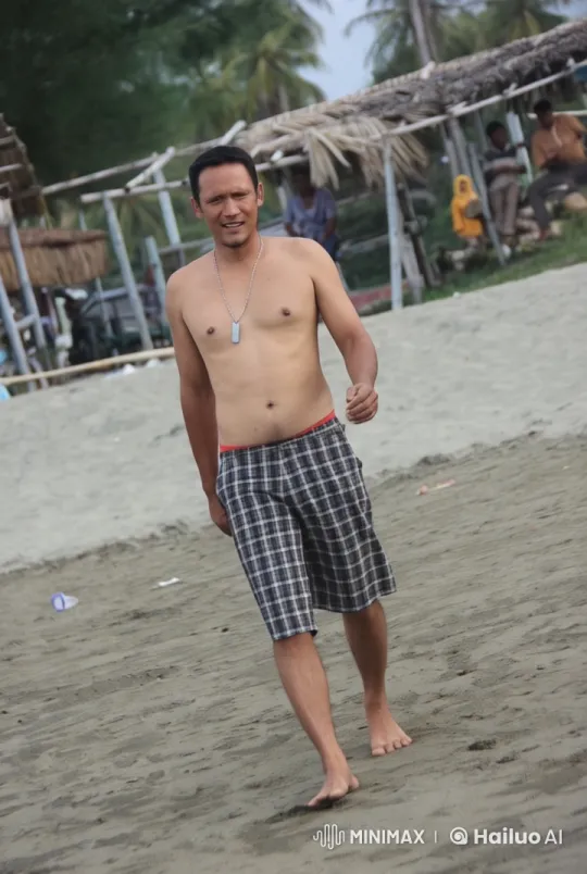 Shirtless Man Walks with Giant Lion on Tropical Beach – AI Generated Video | Hailuo AI