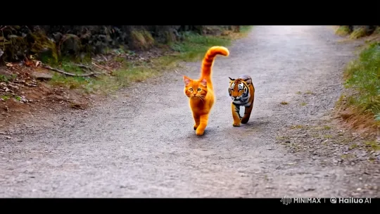 Mini Cat and Tiger Strut on Path with Elegance – AI Generated Video | Hailuo AI