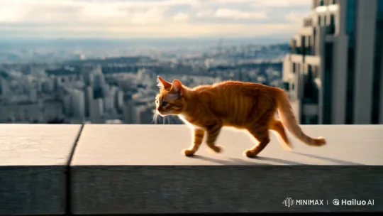 Miniature Cat Strides on Skyscraper's Path – AI Generated Video | Hailuo AI
