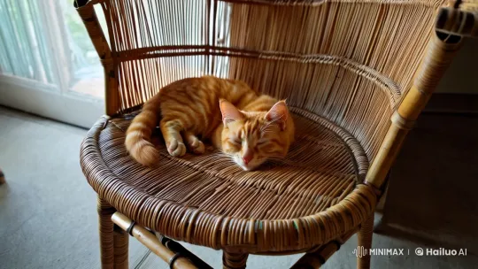 Mini Orange Cat in Cozy Rattan Chair Scene – AI Generated Video | Hailuo AI