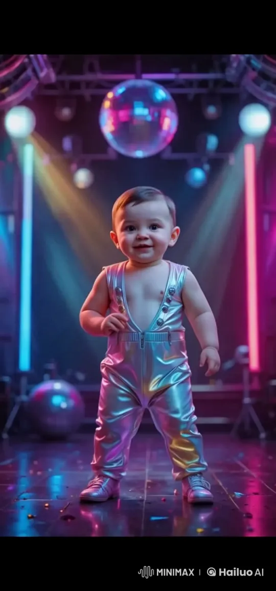 Baby Disco Star Delights in Neon Dance Scene – AI Generated Video | Hailuo AI