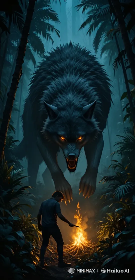 Young Man Unaware of Lurking Wolf in Misty Jungle – AI Generated Video | Hailuo AI