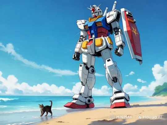 Gundam Robot Watches Cat on Tranquil Beach – AI Generated Video | Hailuo AI