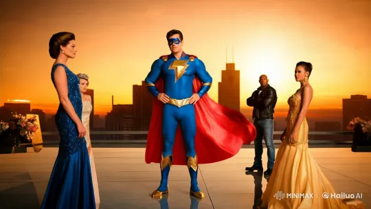 Superhero and Team Pose on Rooftop at Sunset – AI Generated Video | Hailuo AI