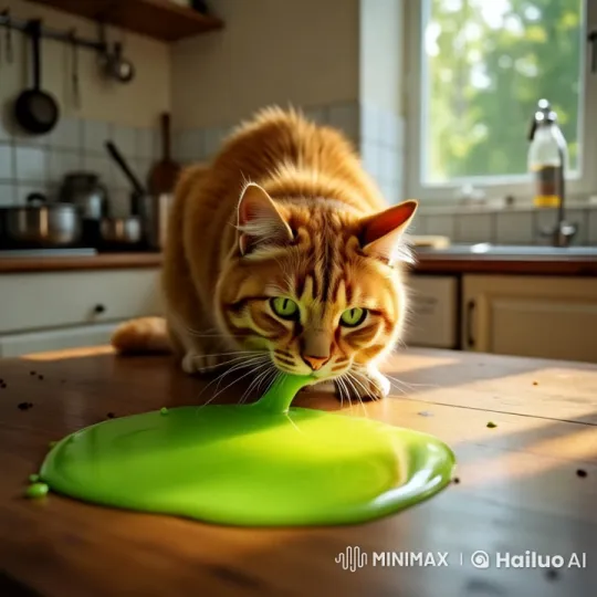 Cozy Kitchen: Cat Vomits Green Liquid – AI Generated Video | Hailuo AI