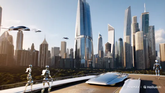 Futuristic Cityscape Showcases Advanced Flying Cars and Robots – AI Generated Video | Hailuo AI