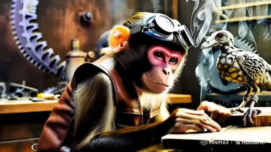 Steampunk Monkey Crafts Mechanical Bird in Nostalgic Workshop – AI Generated Video | Hailuo AI