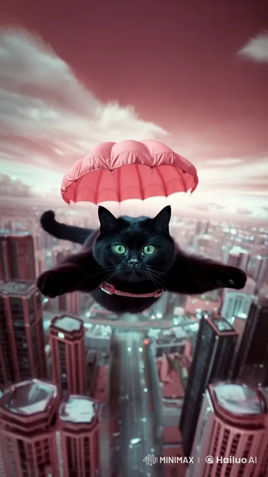 Joyful Cat Skydiving Over Futuristic City in Live2D Animation – AI Generated Video | Hailuo AI