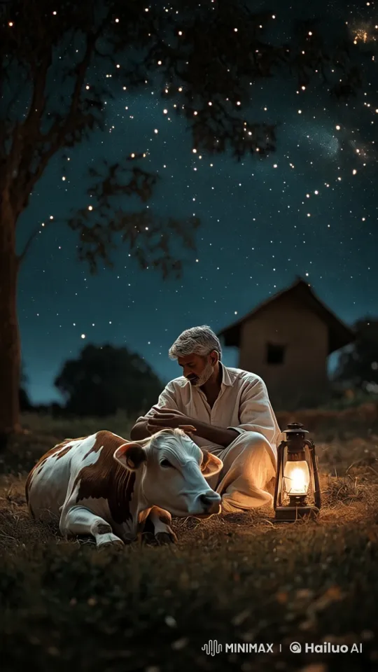 Farmer Bonds with Cow Under Night Sky in Live2D Animation – AI Generated Video | Hailuo AI