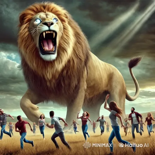 Colossal Lion Walks Majestically at Sunset Amidst Awe and Fear – AI Generated Video | Hailuo AI