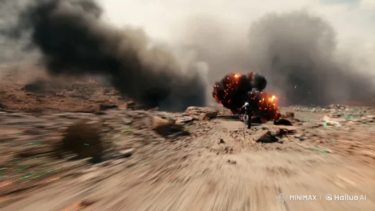 High-Speed POV of Bike Navigating War Zone – AI Generated Video | Hailuo AI