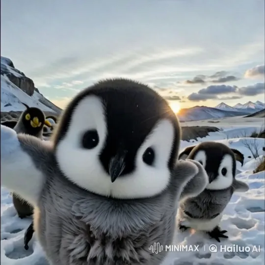 Adorable Baby Penguins in Serene Snowy Sunset – AI Generated Video | Hailuo AI