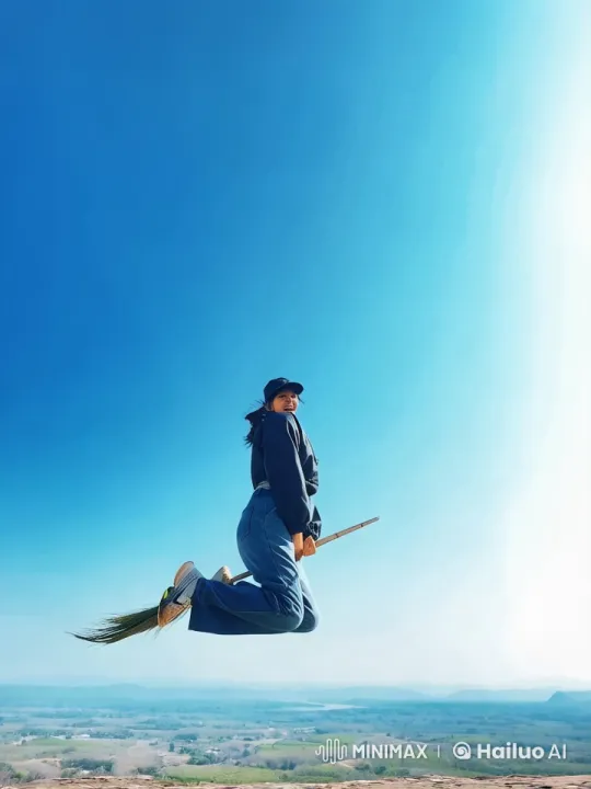 Magical Flight: Person on Broomstick in Serene Sky – AI Generated Video | Hailuo AI