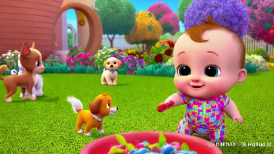 Baby Offers Lollipop in Colorful Cartoon Backyard – AI Generated Video | Hailuo AI