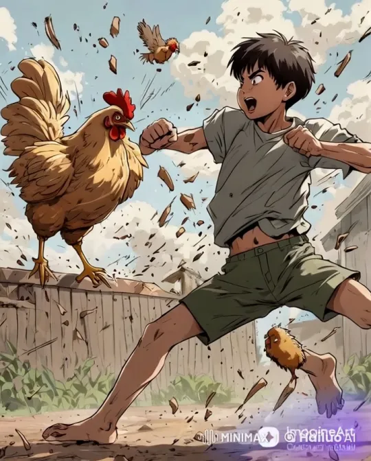 Boy Fights Aggressively with Chicken in Backyard – AI Generated Video | Hailuo AI
