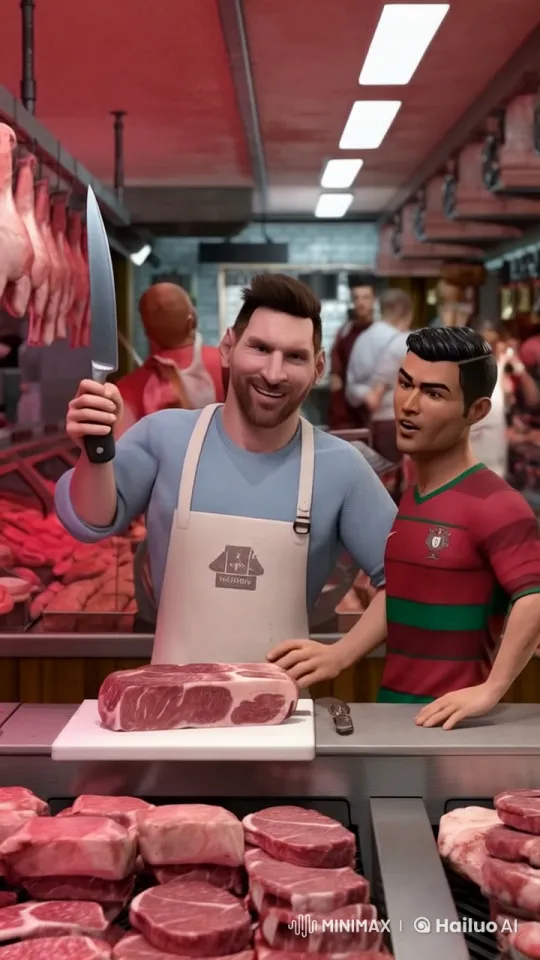 Messi and Ronaldo Promote Quality Mutton at Butcher Shop – AI Generated Video | Hailuo AI