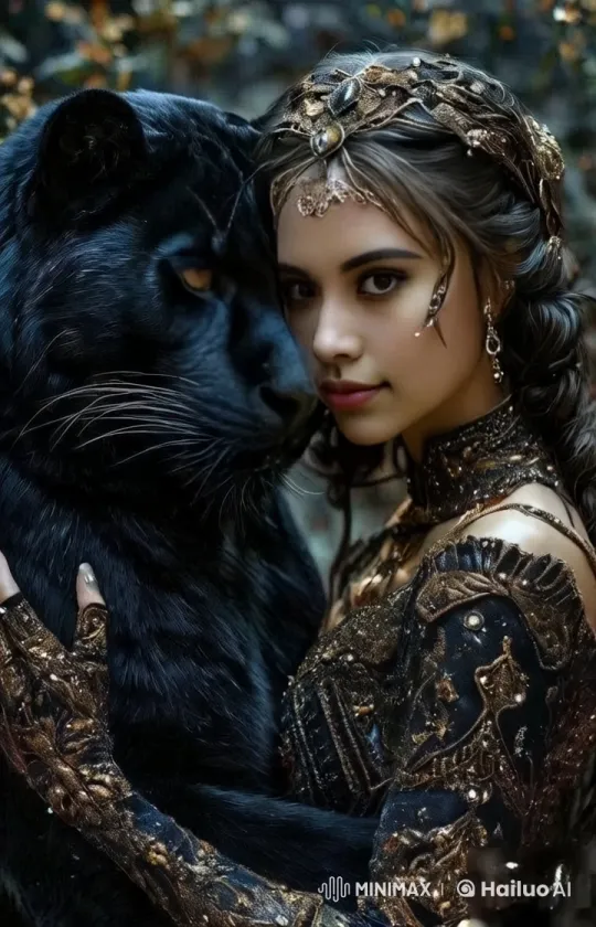 Noble Woman and Panther in Majestic Forest Setting – AI Generated Video | Hailuo AI