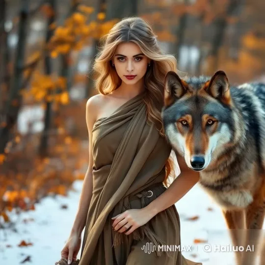 Autumn Harmony: Woman and Wolf in Mystical Forest – AI Generated Video | Hailuo AI