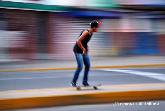Young Skateboarder Cruises Through Urban Streetscape – AI Generated Video | Hailuo AI