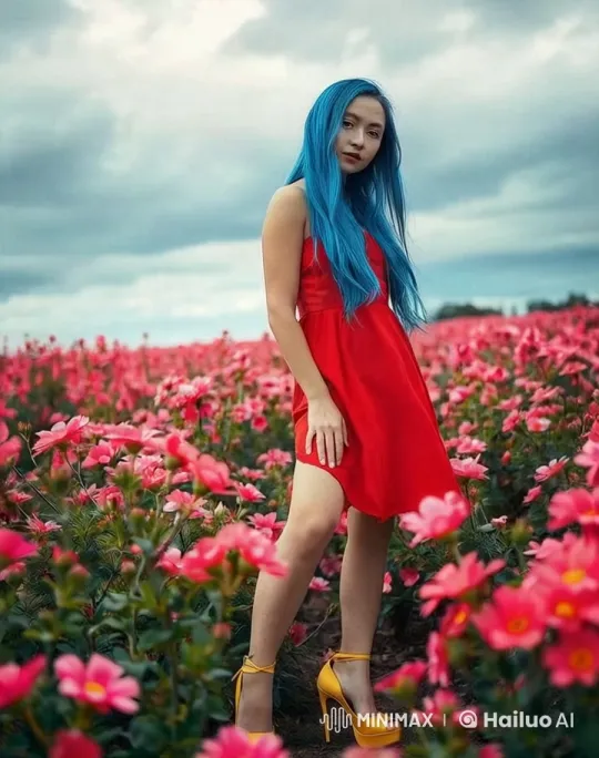 Serene Beauty: Blue-Haired Woman in Pink Flower Field – AI Generated Video | Hailuo AI