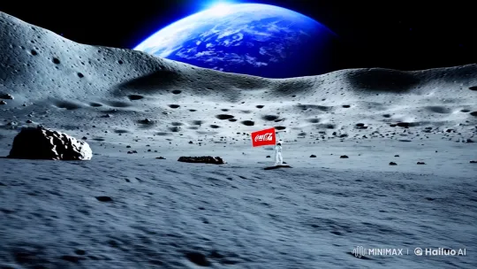 Astronaut Plants Coca-Cola Flag on Surreal Lunar Landscape – AI Generated Video | Hailuo AI