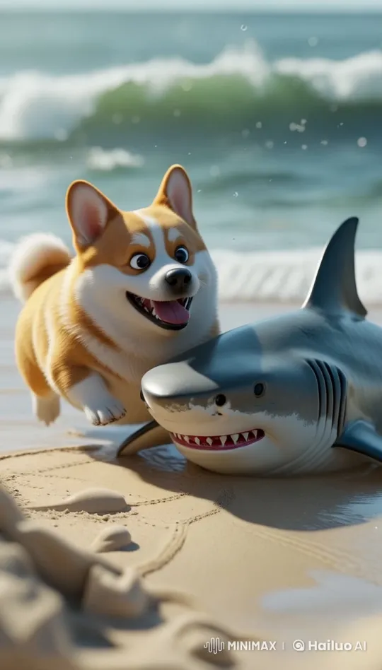 Chubby Corgi Hugs Stranded Shark on Beach – AI Generated Video | Hailuo AI