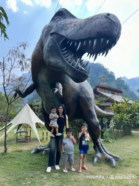 Family Interacts Playfully with Animated Dinosaurs – AI Generated Video | Hailuo AI