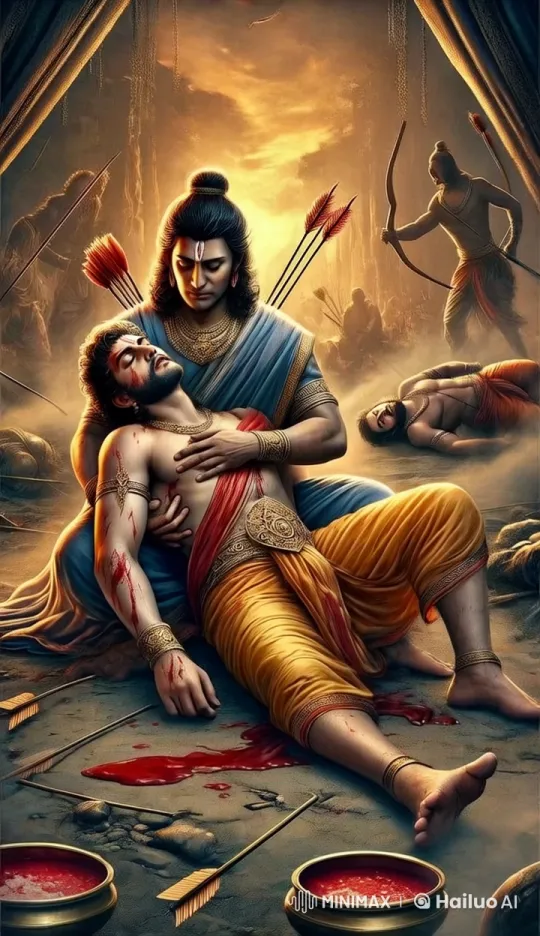 Emotional Battle Scene: Wounded Warrior Comforted Amidst Chaos – AI Generated Video | Hailuo AI