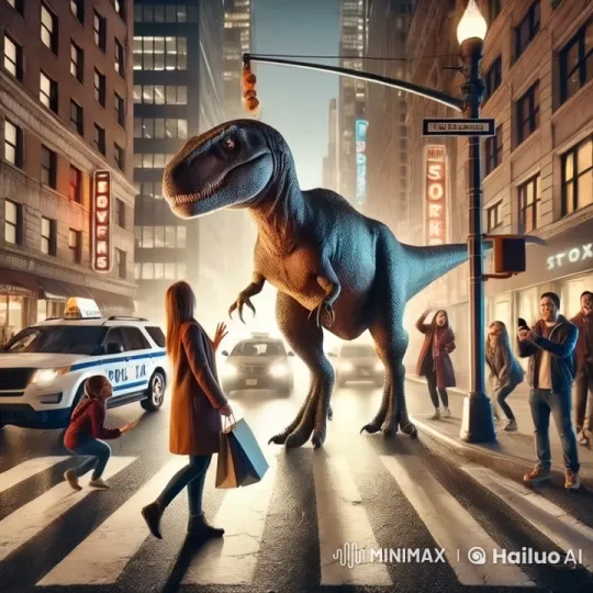 Surreal Encounter: Dinosaur Stalks Pedestrian in City – AI Generated Video | Hailuo AI