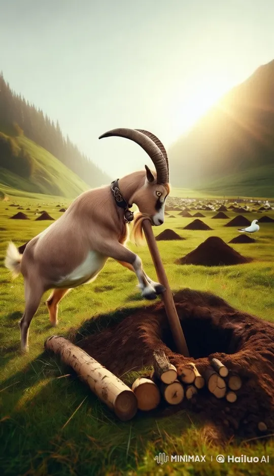 Goat Digs Pit in Meadow, Focused and Reflective – AI Generated Video | Hailuo AI