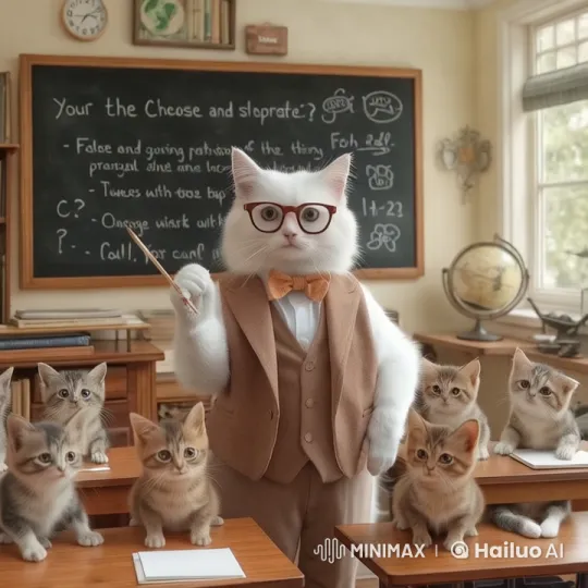 White Cat Teacher Leads Adorable Feline Classroom – AI Generated Video | Hailuo AI