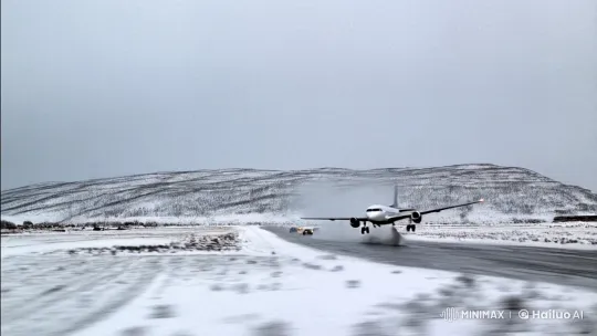 Aircraft Landing Amidst Snowy Isolation and Anticipation – AI Generated Video | Hailuo AI