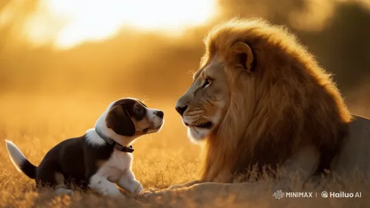 Lion and Puppy Face Off Peacefully in Golden Grassland – AI Generated Video | Hailuo AI