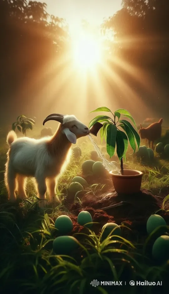 Goat Nurtures Mango Plant with Water in Morning Sunlight – AI Generated Video | Hailuo AI