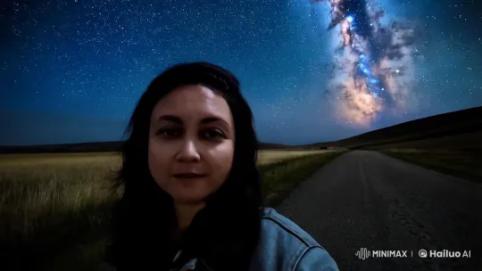 Contemplative Woman Amidst Galactic Night Sky – AI Generated Video | Hailuo AI