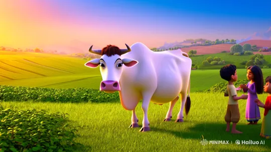 Boy and White Cow's Healing Bond Amidst Village Serenity – AI Generated Video | Hailuo AI