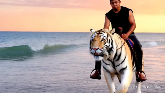 Man Rides Majestic Tiger on Serene Beach at Sunset – AI Generated Video | Hailuo AI