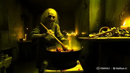 Wicked Witch Stirs Grisly Brew in Creepy Kitchen – AI Generated Video | Hailuo AI