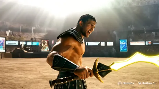 Futuristic Soldier in Hyper-Realistic Arena with Plasma Sword – AI Generated Video | Hailuo AI