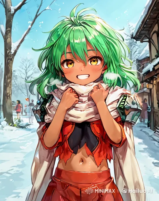 Vibrant Green-haired Character in Serene Winter Village – AI Generated Video | Hailuo AI