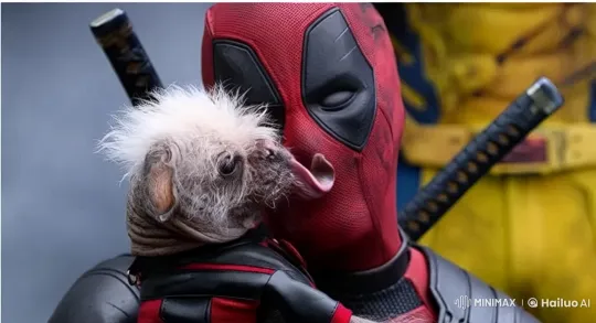 Deadpool and Fiery Dog Share an Exaggerated Kiss – AI Generated Video | Hailuo AI