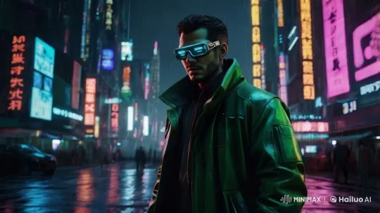 Futuristic Hacker in Neon-Lit Tech Cityscape – AI Generated Video | Hailuo AI