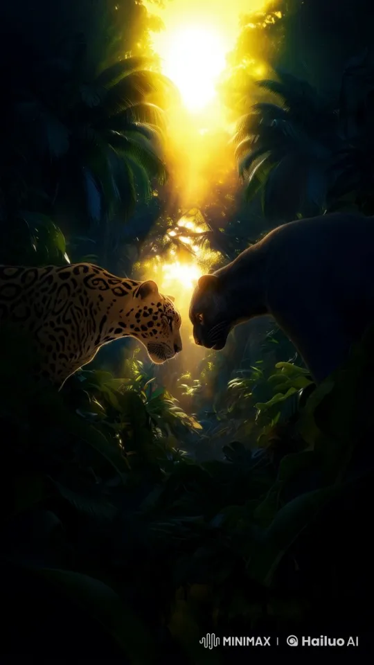 Jungle Majesty: Big Cats in Dramatic Sunlit Encounter – AI Generated Video | Hailuo AI