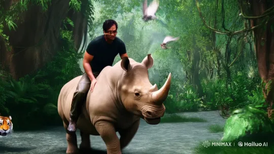 Man on Rhinoceros Fleeing Tiger in Jungle Rainstorm – AI Generated Video | Hailuo AI