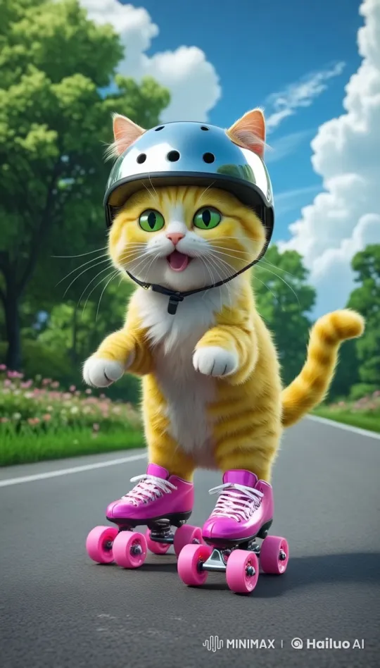 Orange Cat Skates Cheerfully Down Flower-Lined Road – AI Generated Video | Hailuo AI